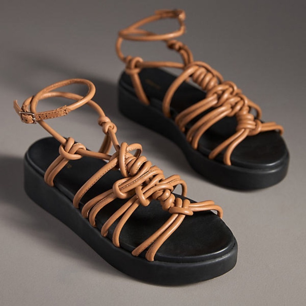 Maeve Anthropologie Black and Brown Strappy Tubular Platform Sandals Size 38/8